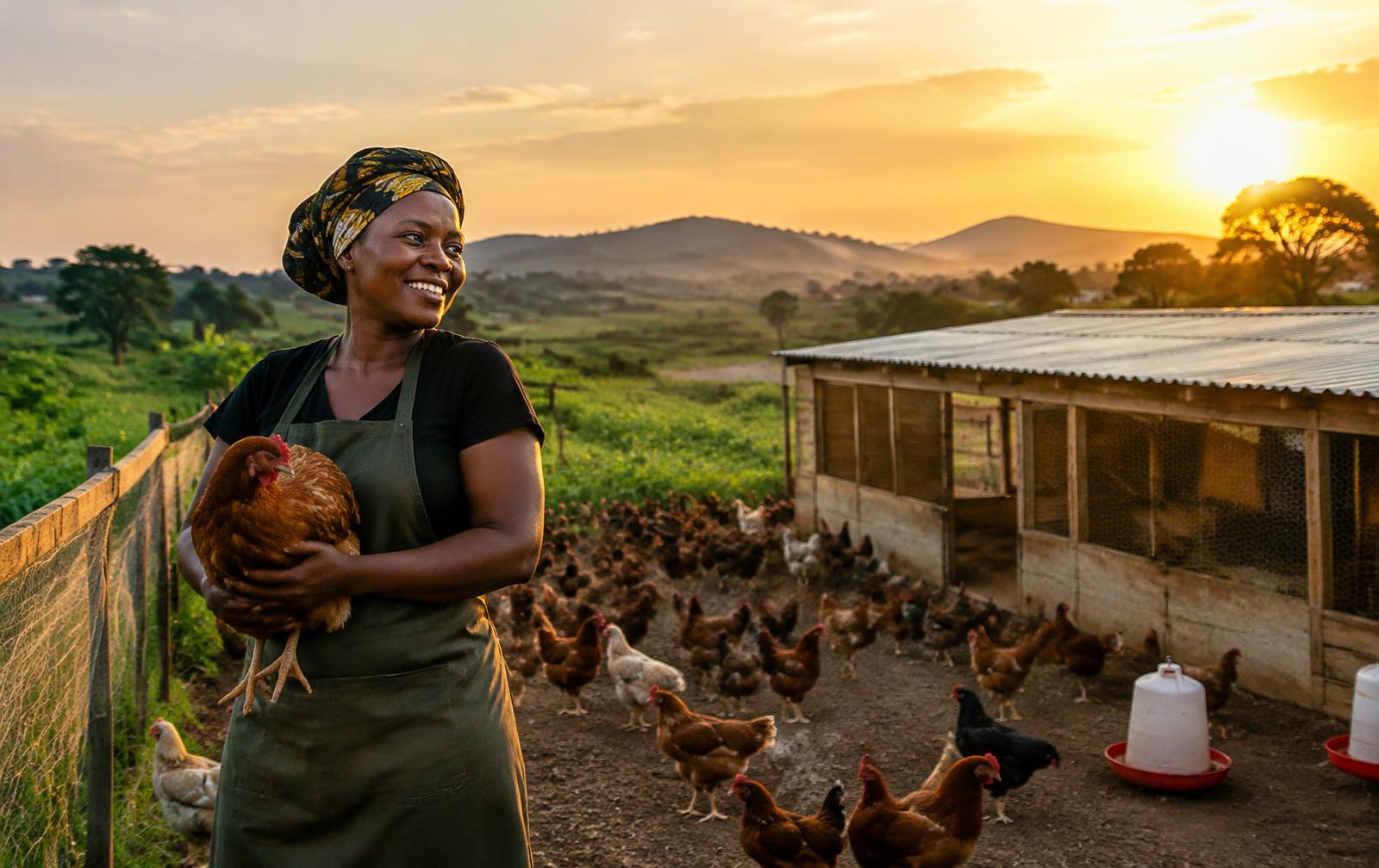 Nigerian poultry farmer at sunset on her farm